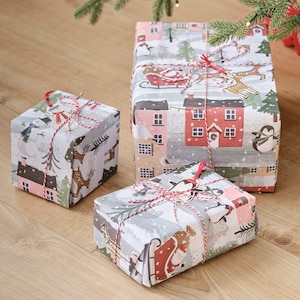 Kit per incartare i regali di Natale - Carta da regalo tradizionale con scena natalizia - Carta da regalo natalizia - Pinguini - Pupazzi di neve - Renne
