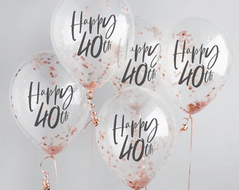 Happy 40th Rose Gold Confetti Balloons - 40th Birthday Balloons - Rose Gold 40th Birthday Decorations - Party Decorations - Pack of 5