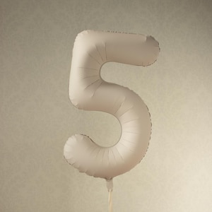 May include: An inflated, off-white number five balloon. The balloon has a matte finish and is suspended by a thin, white ribbon. The background is a neutral, patterned wall.