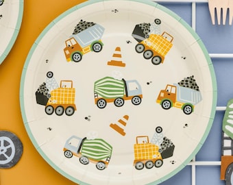 Pratos para Festa de Construção - Pratos de Papel para Aniversário com Tema de Escavadeira - Artigos de Mesa com Tema de Construção - Pratos Creme - Artigos para Festa Infantil - Pacote com 6