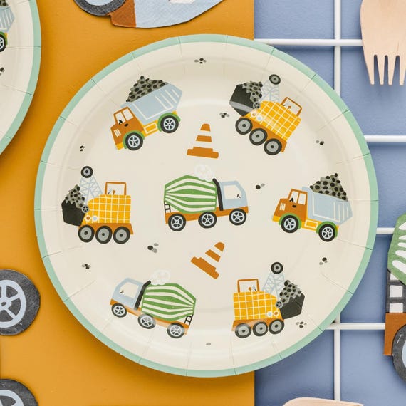 Construction Party Plates - Digger Birthday Paper Plates - Construction Theme Tableware - Cream Plates - Kids Party Supplies - Pack Of 6
