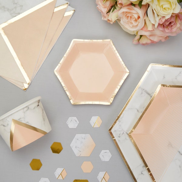 Peach and gold plates - Canapé paper plates - Hen party plates-Birthday paper plates-Hexagon plates-Party decorations-Party tableware-8 pack