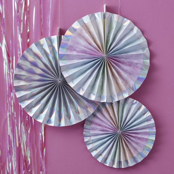 Iridescent hanging paper fan decorations - Unicorn party decorations - Mermaid party decorations - Rainbow party decorations - Pack of 3