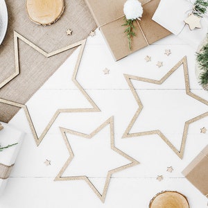 Wooden Gold Glitter Star Decorations - Hanging Christmas Decorations - Extra Large Tree - Table Decorations -Holiday Decor-Rustic -Pack of 3