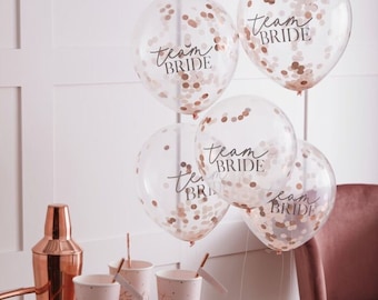 Team Bride Rose Gold Confetti Balloons - Hen Party Balloons - Rose Gold Hen Do Decorations - Bachelorette Decor - Bridal Shower - Pack of 5