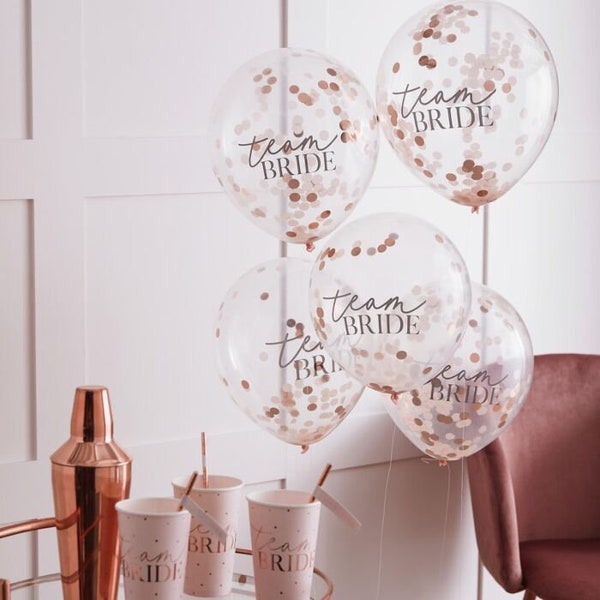 Team Bride Rose Gold Confetti Balloons - Hen Party Balloons - Rose Gold Hen Do Decorations - Bachelorette Decor - Bridal Shower - Pack of 5