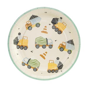 May include: Round paper plate with a light beige background and a mint green border. The plate features illustrations of construction vehicles, including dump trucks, cement mixers, and traffic cones. The design is suitable for a construction-themed party.