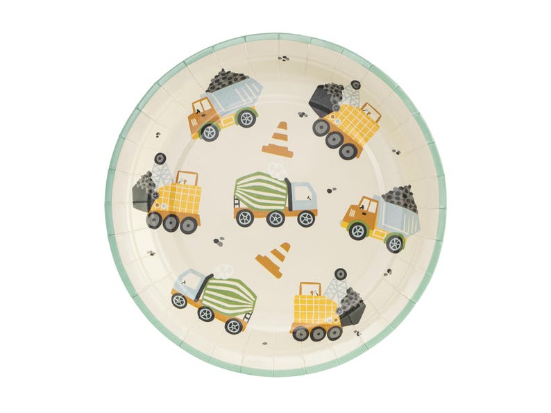 May include: Round paper plate with a light beige background and a mint green border. The plate features illustrations of construction vehicles, including dump trucks, cement mixers, and traffic cones. The design is suitable for a construction-themed party.