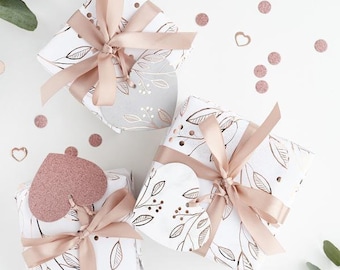 Kit de envoltura de regalo de oro rosa - envoltura de regalo de oro rosa y blanco - cinta de oro rosa - etiquetas de corazón - papel de envoltura de regalo de cumpleaños