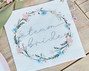 Team Bride Paper Napkins - Boho Floral Eco Team Bride Party Napkins - Floral And Pink Hen Napkins - Bachelorette & Bridal Napkins-Pack of 16