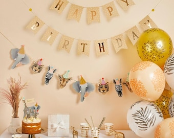 Feestdecoraties safaridieren - giraf, olifant, luipaard, zebra-servies, spandoek, slinger, taarttoppers, ballonnen - verjaardag met dierenprint