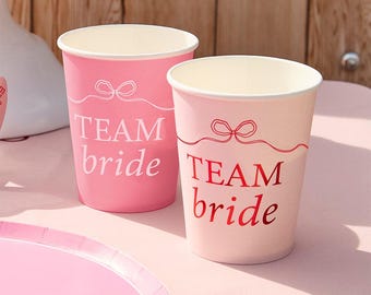 Pink & Red Team Bride Paper Cups - She’s Tying The Knot Bow Theme - Coquette Hen Do Cups - Two Mixed Designs - Hootyballoo - Pack Of 8