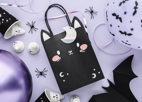 Halloween Party Bag - Individual Black Cat Halloween Trick Or Treat Bag - Halloween Gift Bag - Black Paper Bags - Kids Halloween Bags