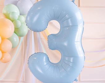 Globo número 3 azul claro - Globo grande de aluminio azul claro con el número 3 - Globo de cumpleaños - Decoraciones para fiestas - Globo de 72 cm - Globo de 30"