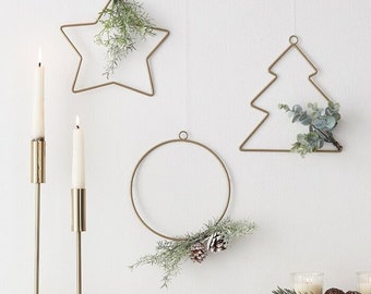 Gold Christmas Hanging Decorations - Gold Wire Star, Tree & Circle With Foliage - Christmas Party Backdrop - Holiday Decor Weaths- Pack of 3