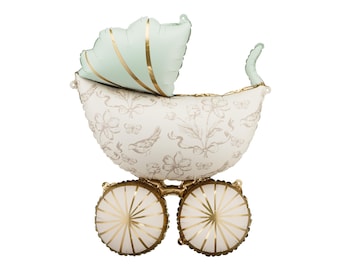 Baby Pram Balloon - Large Cream & Gold Baby Carriage Foil Balloon - Air Or Helium Fill - Baby Shower Balloon - Gender Neutral - Welcome Home