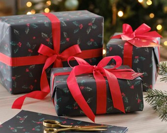 Kit para envolver regalos navideños - Papel de regalo con acebo, etiquetas y cinta - Juego de papel de regalo navideño - Negro con acebo y bayas