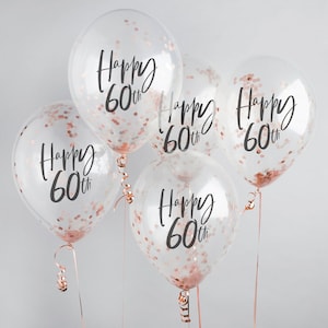 Happy 60th Rose Gold Confetti Balloons - 60th Birthday Balloons - Rose Gold 60th Birthday Decorations - Party Decorations - Pack of 5