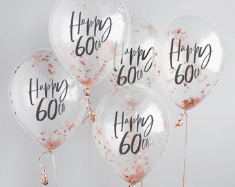 Gelukkige 60e roségouden confettiballonnen - 60e verjaardagsballonnen - roségouden 60e verjaardagsversieringen - feestdecoraties - set van 5