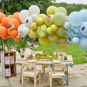 Bug Party Balloon Arch with Card Bugs - Orange, Cream, Green & Blue Balloons - Kids Bug Party -Children's Birthday Bug Insect Party Supplies