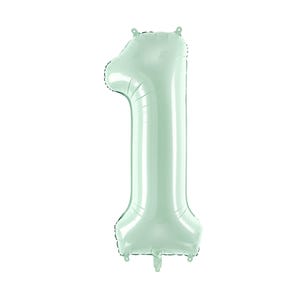 May include: A large, light green number one foil balloon. The balloon is inflated and has a shiny, metallic finish. It is designed for birthday celebrations or other special events.