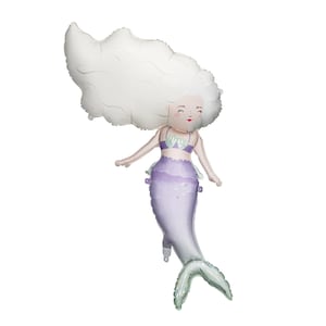 May include: A purple and white mermaid balloon with a white wig and a smiling face.