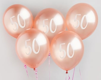 Rose Gold 50th Birthday Balloons - Happy Birthday 50 Balloons - Rose Gold & White Balloons - Party Decorations - Pack of 5