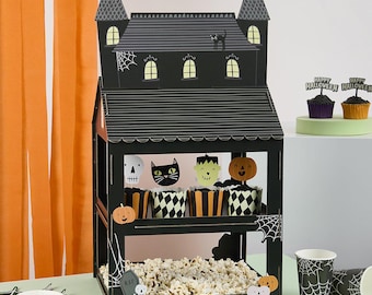 Soporte para dulces de Halloween - Soporte para pasteles y dulces con diseño de casa embrujada negra - Decoraciones para fiestas de Halloween - Mesa de Halloween - Halloween retro