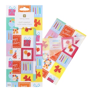 Può includere: Un pacco da quattro di carta velina regalo a tema compleanno. La confezione presenta quadrati con scatole regalo, palloncini, candele e la scritta "Happy Birthday". La carta velina ha un design simile.