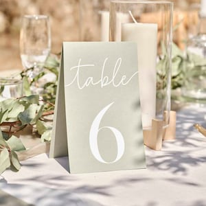 Números de mesa de cartão Sage - Números de mesa de casamento verde 1-12 - Decoração de mesa de casamento Sage - Cartões de tenda de número de mesa - Suprimentos para casamento