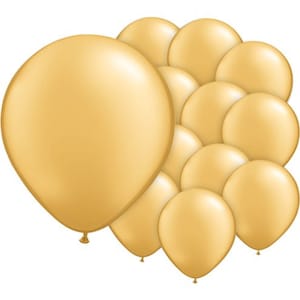 May include: A cluster of gold-colored balloons, some overlapping, against a white background. The balloons are round and inflated, with a shiny, smooth surface. The balloons are tied at the bottom with a string.