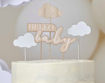 Baby Shower Cake Toppers - Wooden Hello Baby & Clouds Cake Topper - Botanical Baby Shower -Wood And White Cloud Topper - Gender Neutral