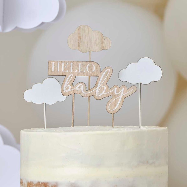 Baby Shower Cake Toppers - Adorno de pastel de madera Hello Baby & Clouds - Baby Shower botánico - Adorno de madera y nube blanca - Género neutro