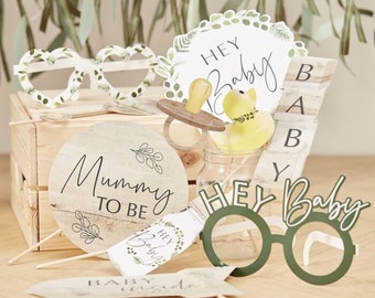 Baby Shower Photo Props - Hey Baby - Botanical Baby Photo Booth Props - Eco Friendly - Gender Neutral - Pack of 10