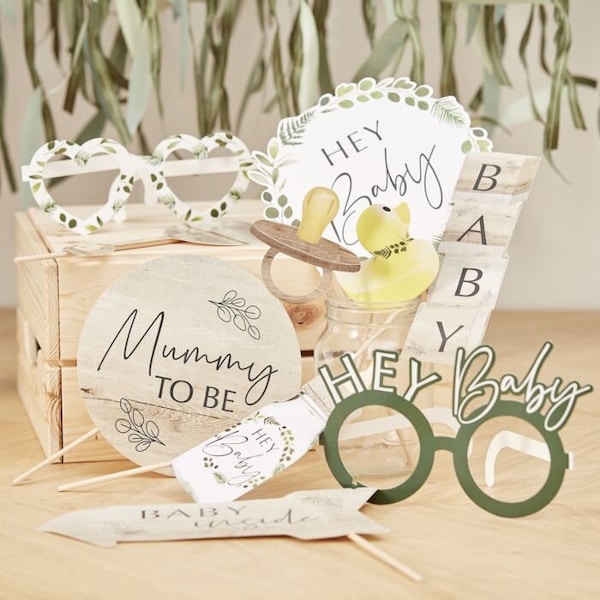 Babyparty Foto Requisiten - Hey Baby - Botanische Baby Foto Requisiten - Umweltfreundlich - Geschlechtsneutral - 10er Pack