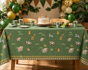 Safari Tablecloth - Kids Jungle Table Cover - Green Poly Cotton Tablecloth - First Birthday Party - Wild One Decor