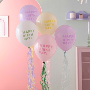 Palloncino di buon compleanno pastello con code di carta velina - Palloncini per feste di compleanno - Articoli per feste di compleanno - Lilla, rosa - Confezione da 5