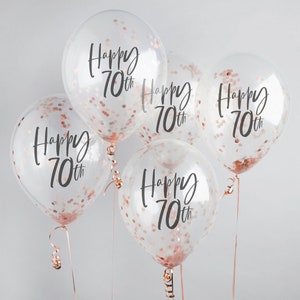 Happy 70th Rose Gold Confetti Balloons - 70th Birthday Balloons - Rose Gold 70th Birthday Decorations - Party Decorations - Pack of 5