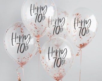 Happy 70th Rose Gold Confetti Balloons - 70th Birthday Balloons - Rose Gold 70th Birthday Decorations - Party Decorations - Pack of 5