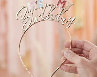 Gold It's My Birthday Metal Headband - Birthday Headband - Birthday Accessories - Girls Pastel & Gold Tiara - Birthday Gift