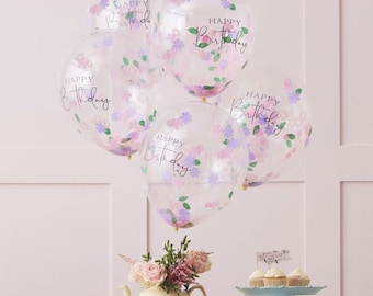 Floral Confetti Balloons - Happy Birthday Balloons - Birthday Party Balloons - Party Decorations - Floral Tea Party Balloons - Pack of 5
