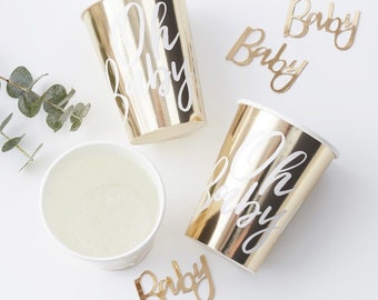 Oh Baby gold and white paper cups - Gold and white baby shower - Gold foiled cups - Baby shower decor - Baby shower tableware - Pack of 8