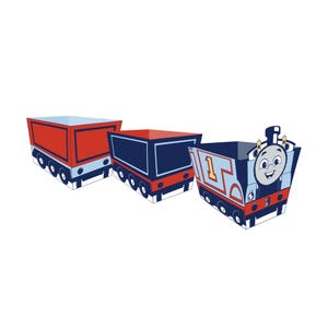 May include: Three open-top cardboard containers shaped like train cars. The lead car features the blue face of a locomotive with the number 1 in yellow. The other two cars are red and dark blue with wheel graphics along the bottom edges.