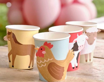 Farmyard Paper Cups - Farm Animal Party Cups - Children's Birthday Cups - Kids Birthday Party - Farm Birthday Partyware Supplies - Pack Of 8