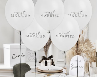 Just Married Wedding Balloons - White Latex Balloons With Black Text - Elegant Reception Decor - Monochrome Theme - Newlywed Car Decorations