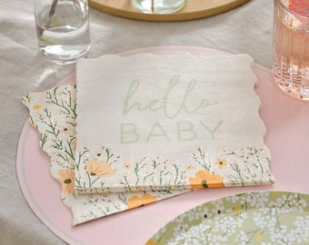 Baby Shower Napkins - Hello Baby Floral Baby Shower Napkins - Botanical Baby Shower - Gender Neutral - Pack of 16