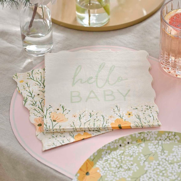 Serviettes de table pour baby shower - Hello Baby - Serviettes de baby shower florales Hello Baby - Shower de bébé botanique - non sexiste - Lot de 16