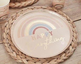 Rainbow Paper Plates - Pastel And Gold Paper Party Plates - Happy Everything Plates - Muted Pastel Tableware - Blush Plates - Pack of 8
