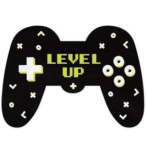 Pode incluir: Controlador de videogame preto e branco com as palavras "LEVEL UP" em letras amarelas pixeladas.