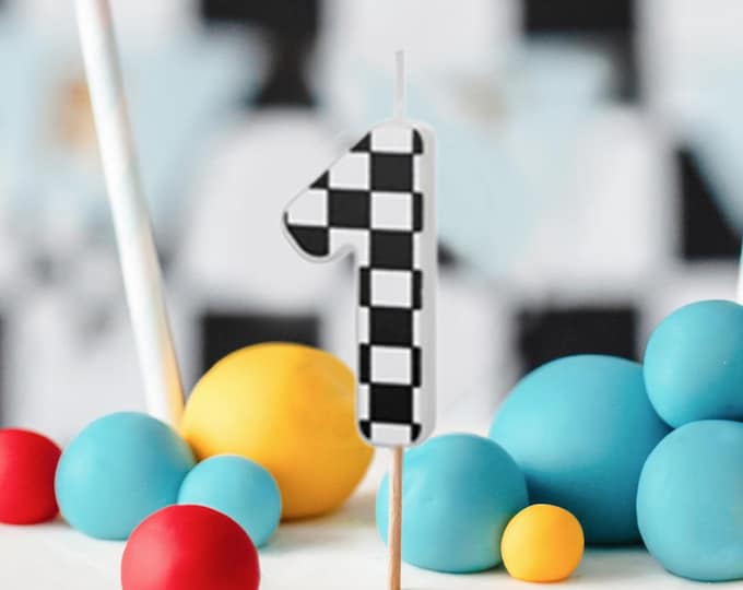 Cake Candle 1 - Checkered Flag Candle - Number 1 Birthday Cake Candle - Racing Car Party - Black & White Candle - Kids Party Decorations